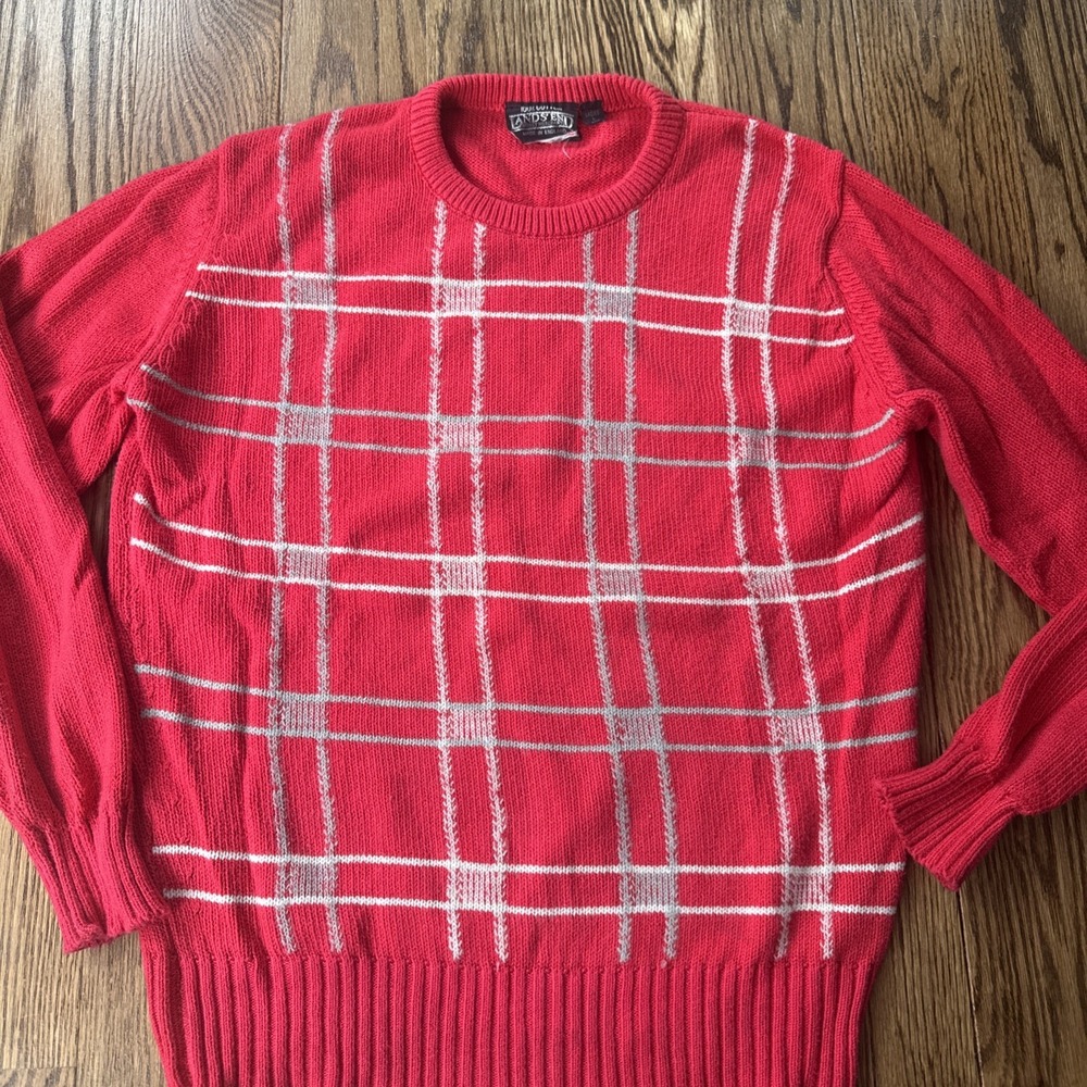 Vintage Land's End Sweater Women Large Red Plaid Cotton Made in England Cottage